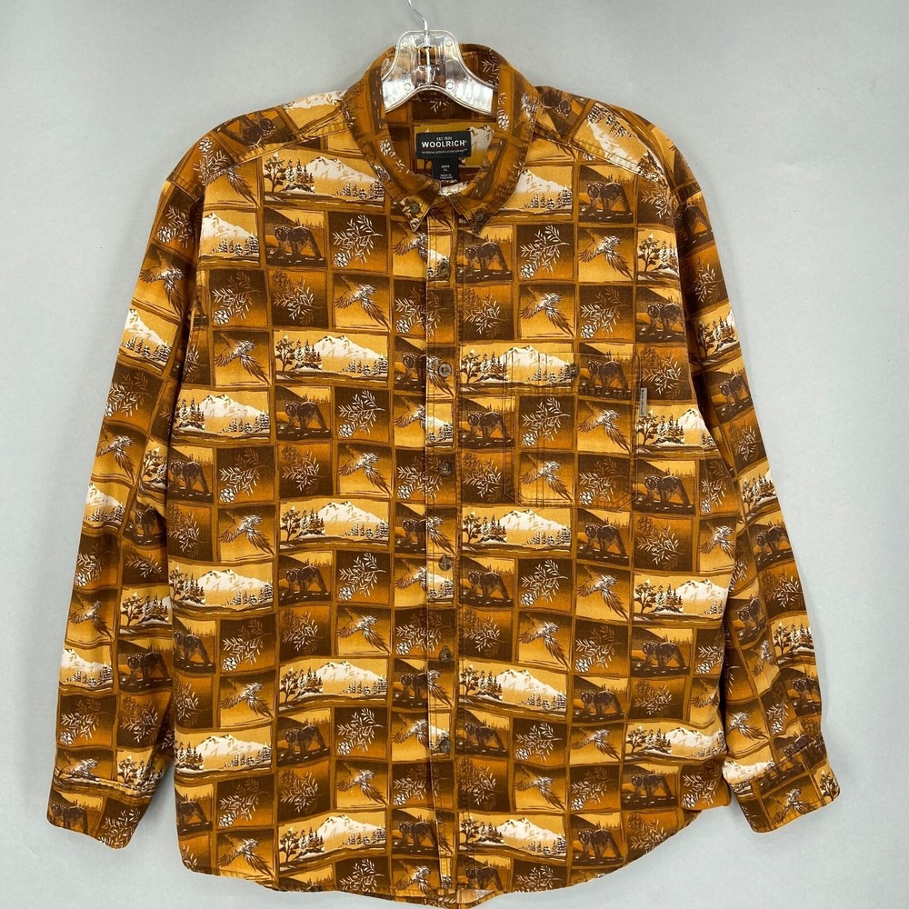 Vintage‎ Woolrich Shirt Mens XL Button Up All Over Print Mountain Bear Outdoor